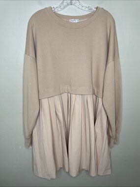 UGERLOV Tan Women’s Mixed Media Oversized Comfortable Sweatshirt Dress NWT Med